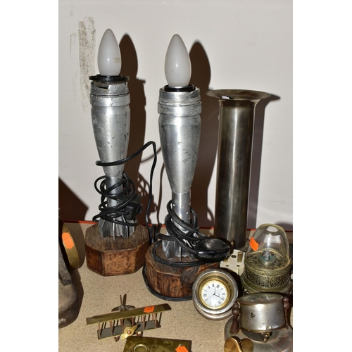 357 - A GROUP OF ASSORTED METALWARE, comprising a pair of handmade table lamps made from mortar shell case... 