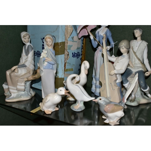 361 - SEVEN LLADRO FIGURINES AND BIRD FIGURES, WITH TWO NAO BIRDS, comprising a boxed New Shepherdess no 4... 