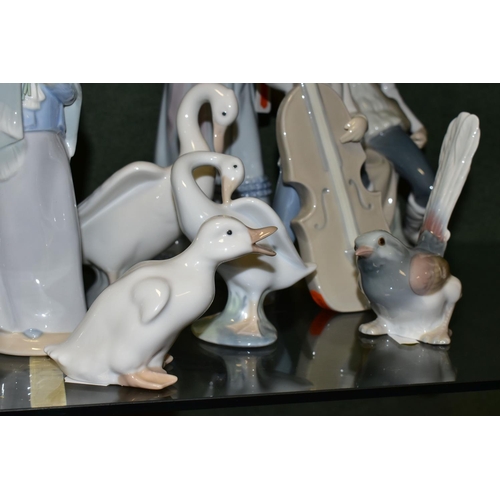 361 - SEVEN LLADRO FIGURINES AND BIRD FIGURES, WITH TWO NAO BIRDS, comprising a boxed New Shepherdess no 4... 