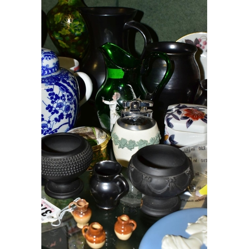 375 - A GROUP OF CERAMICS AND GLASSWARES, to include two black basalt match holders, one stamped 'Wedgwood... 