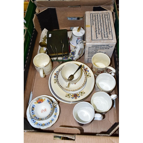 378 - THREE BOXES OF CERAMICS, METALWARES, PICTURES, ETC, to include a Royal Albert Beatrix Potter Hunca M... 