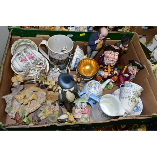 378 - THREE BOXES OF CERAMICS, METALWARES, PICTURES, ETC, to include a Royal Albert Beatrix Potter Hunca M... 