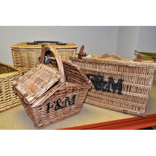 382 - SIX WICKER BASKETS, comprising a small Fortnum and Masons hamper together with a small handled F&M b... 