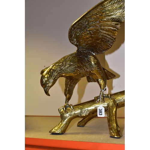 383 - A LARGE, HEAVY BRASS EAGLE PERCHED ON A BRANCH, wings spread, height 44cm to tip of wing (1) (Condit... 