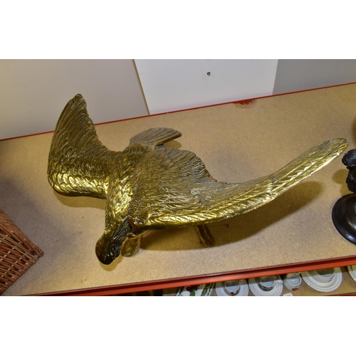 383 - A LARGE, HEAVY BRASS EAGLE PERCHED ON A BRANCH, wings spread, height 44cm to tip of wing (1) (Condit... 