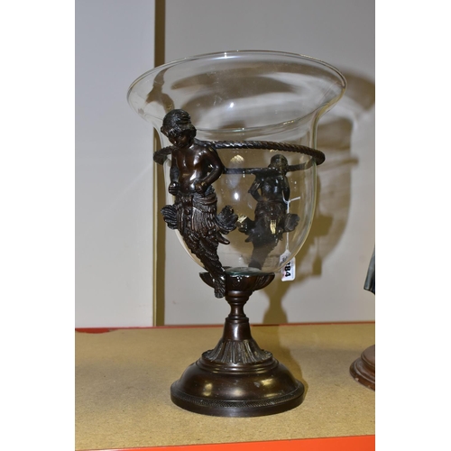 384 - A BAROQUE STYLE CENTREPIECE, a clear glass bowl supported by a figural metal stand, height 34cm (1) ... 