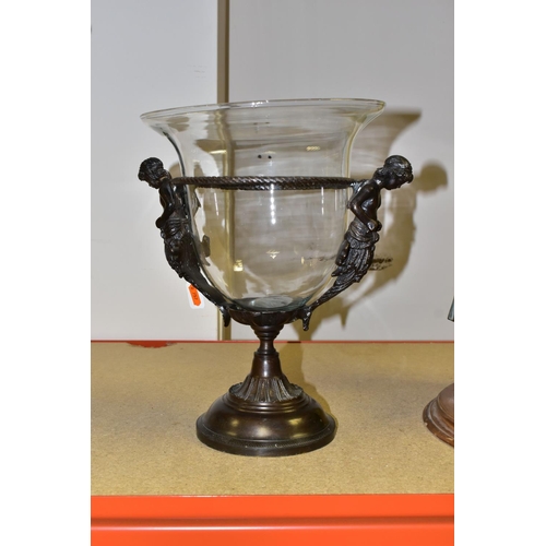 384 - A BAROQUE STYLE CENTREPIECE, a clear glass bowl supported by a figural metal stand, height 34cm (1) ... 