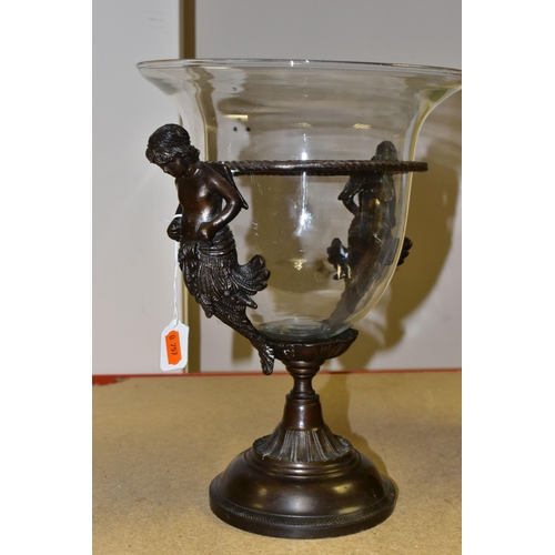 384 - A BAROQUE STYLE CENTREPIECE, a clear glass bowl supported by a figural metal stand, height 34cm (1) ... 