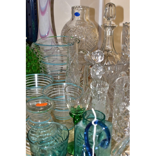 386 - A LARGE QUANTITY OF CUT CRYSTAL AND COLOURED GLASS WARE, comprising a blue and white striped Art Dec... 