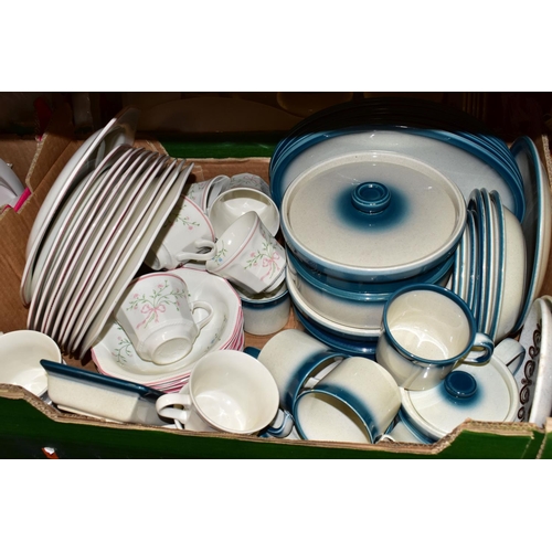 389 - FIVE BOXES OF CERAMICS AND DINNERWARES, to include a set of Wedgwood 'Blue Pacific' dinner plates, c... 