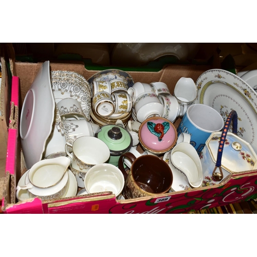 389 - FIVE BOXES OF CERAMICS AND DINNERWARES, to include a set of Wedgwood 'Blue Pacific' dinner plates, c... 