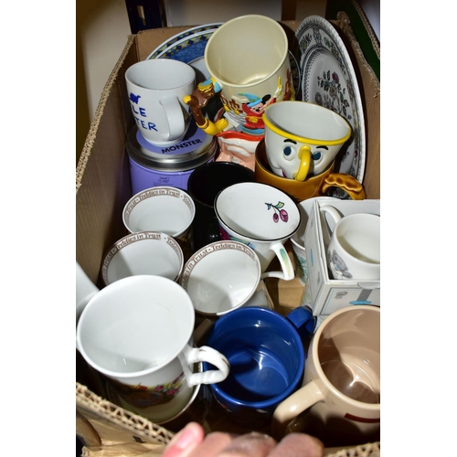 389 - FIVE BOXES OF CERAMICS AND DINNERWARES, to include a set of Wedgwood 'Blue Pacific' dinner plates, c... 