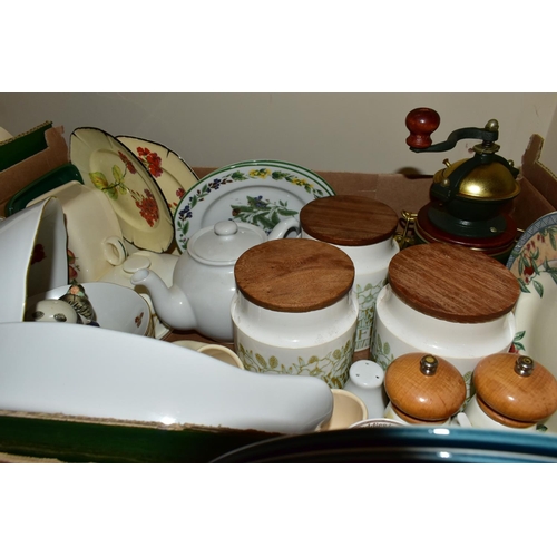 389 - FIVE BOXES OF CERAMICS AND DINNERWARES, to include a set of Wedgwood 'Blue Pacific' dinner plates, c... 