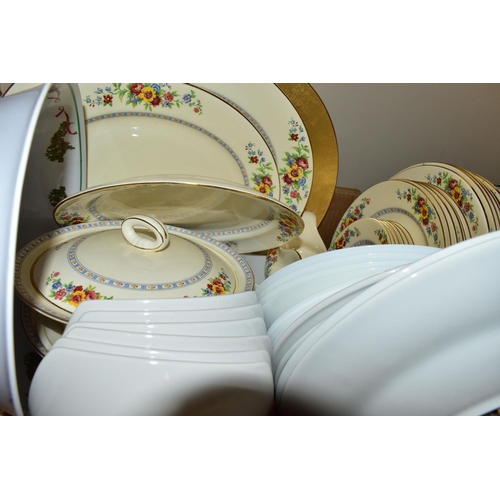 389 - FIVE BOXES OF CERAMICS AND DINNERWARES, to include a set of Wedgwood 'Blue Pacific' dinner plates, c... 