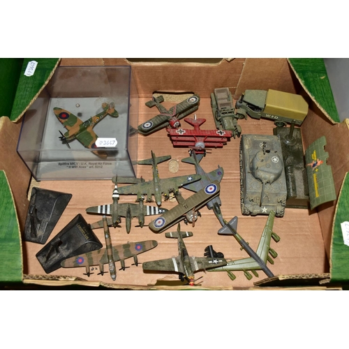 390 - TWO BOXES OF DIECAST VEHICLES AND WORLD WAR TWO MODEL PLANES, to include a 1979 Matchbox K-21 Traile... 