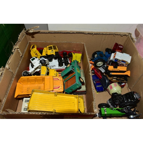 390 - TWO BOXES OF DIECAST VEHICLES AND WORLD WAR TWO MODEL PLANES, to include a 1979 Matchbox K-21 Traile... 