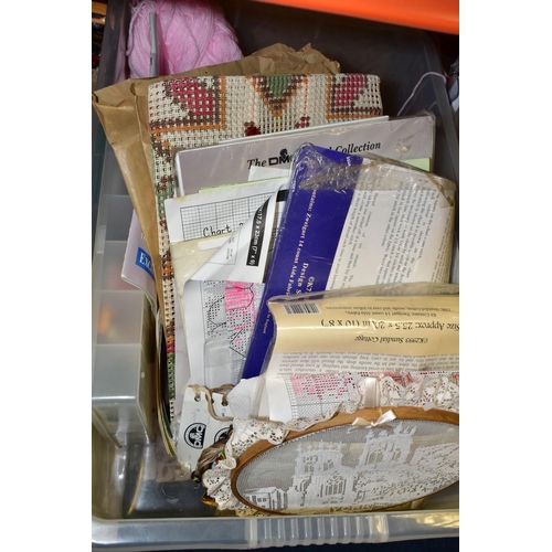 391 - THREE BOXES OF ASSORTED HABERDASHERY,  to include new and unused balls of wool, vintage knitting pat... 