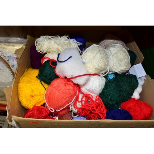 391 - THREE BOXES OF ASSORTED HABERDASHERY,  to include new and unused balls of wool, vintage knitting pat... 