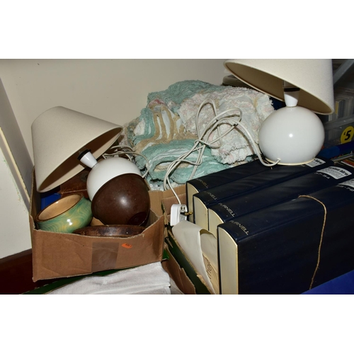 393 - FOUR BOXES OF ASSORTED SUNDRIES, to include a mid century Fidelity portable turntable, a portable el... 