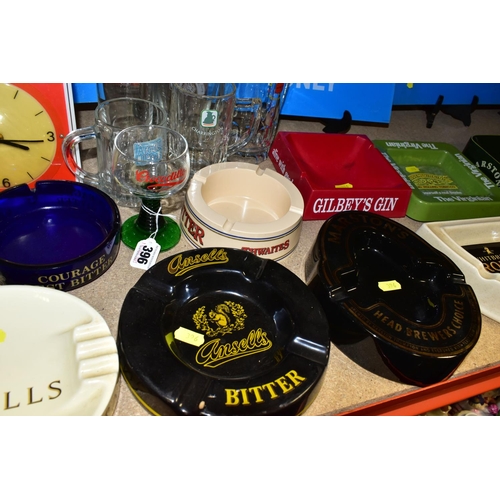 396 - BREWERIANA, A COLLECTION OF VINTAGE PUB ASHTRAYS, GLASSES AND CLOCK, comprising a Guinness advertise... 