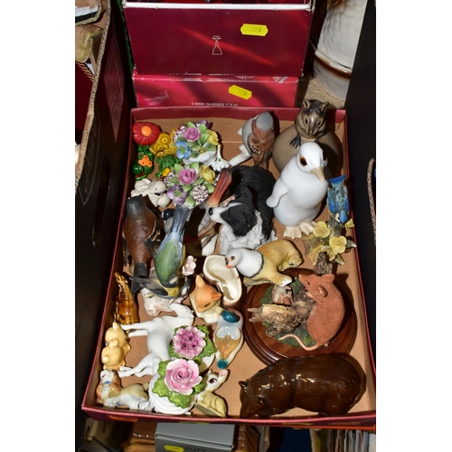 398 - SIX BOXES OF CERAMICS AND GLASSWARE, to include a Royal Osborne Penguin, a Poole Pottery stoneware '... 