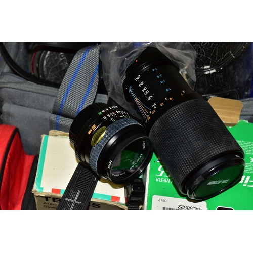 403 - A BOX OF PHOTOGRAPHIC EQUIPMENT, comprising a Minolta XG 1 camera fitted with an f2 45mm lens, a Sun... 