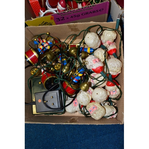 409 - SEVEN BOXES AND LOOSE CHRISTMAS DECORATIONS, to include two ceramic Christmas trees, vintage Santa s... 