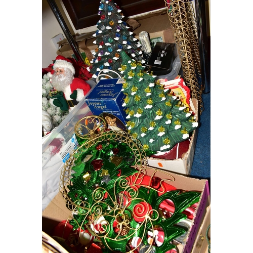 409 - SEVEN BOXES AND LOOSE CHRISTMAS DECORATIONS, to include two ceramic Christmas trees, vintage Santa s... 