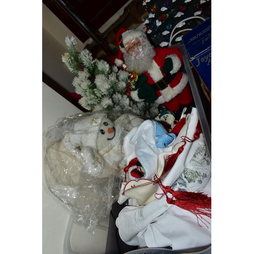 409 - SEVEN BOXES AND LOOSE CHRISTMAS DECORATIONS, to include two ceramic Christmas trees, vintage Santa s... 