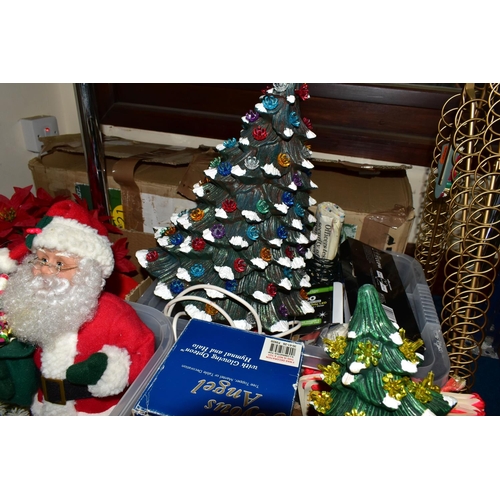 409 - SEVEN BOXES AND LOOSE CHRISTMAS DECORATIONS, to include two ceramic Christmas trees, vintage Santa s... 