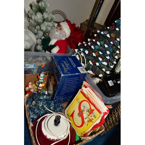 409 - SEVEN BOXES AND LOOSE CHRISTMAS DECORATIONS, to include two ceramic Christmas trees, vintage Santa s... 