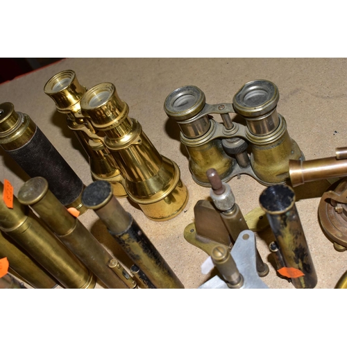 410 - A GROUP OF BRASS BINOCULARS, TELESCOPES, PARTS, LENSES, ETC to include two pairs of brass binoculars... 