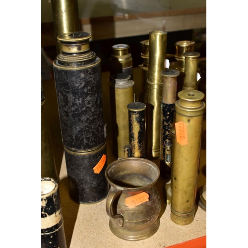 410 - A GROUP OF BRASS BINOCULARS, TELESCOPES, PARTS, LENSES, ETC to include two pairs of brass binoculars... 