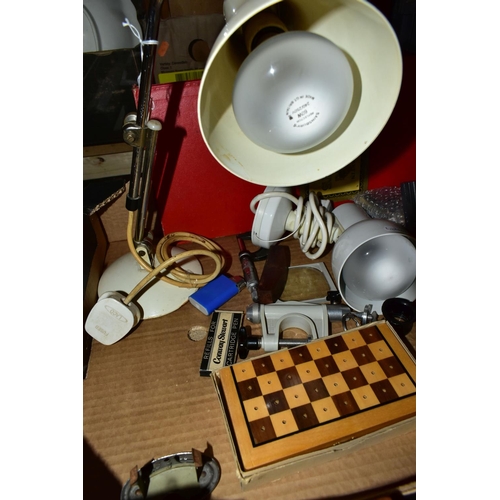 418 - A BOX AND LOOSE GAMES, METALWARES, LAMPS AND SUNDRY ITEMS, to include a Macaura's 'Pulsocon' hand he... 