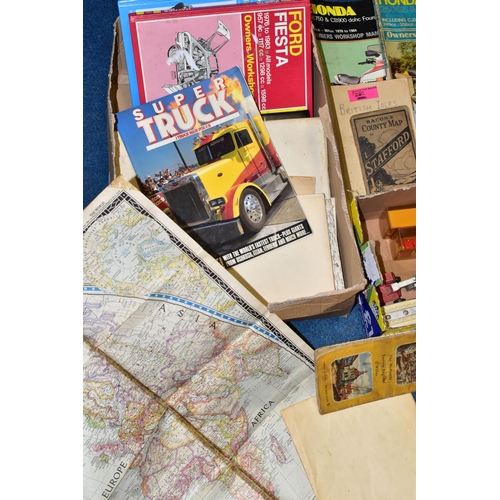 419 - EPHEMERA & DIECAST VEHICLES, two boxes one containing two Majorette model trucks and trailers, a Mat... 