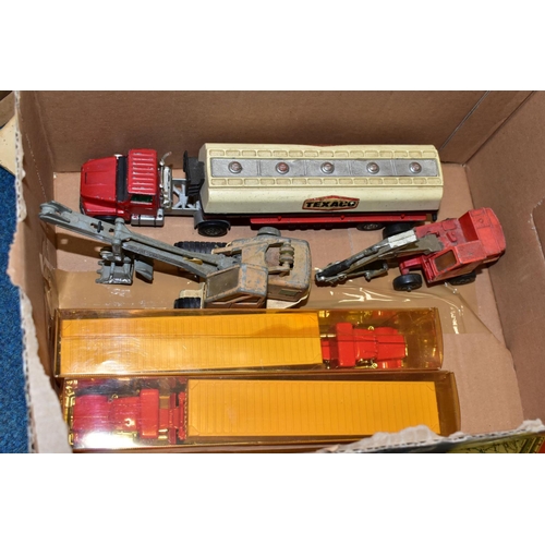 419 - EPHEMERA & DIECAST VEHICLES, two boxes one containing two Majorette model trucks and trailers, a Mat... 