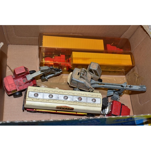 419 - EPHEMERA & DIECAST VEHICLES, two boxes one containing two Majorette model trucks and trailers, a Mat... 