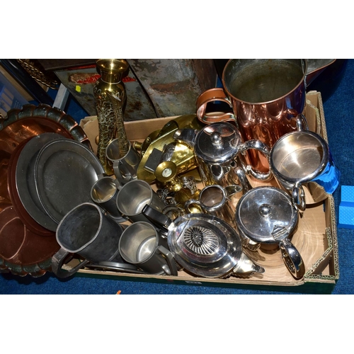 421 - A BOX AND LOOSE METALWARES, to include two large biscuit tins with remnants of paper labels - one El... 