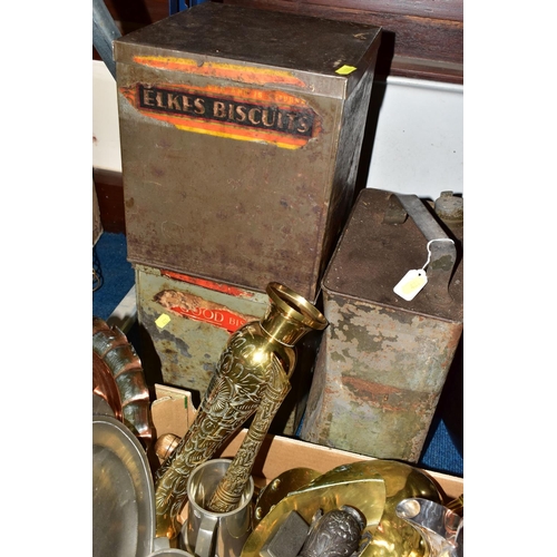 421 - A BOX AND LOOSE METALWARES, to include two large biscuit tins with remnants of paper labels - one El... 