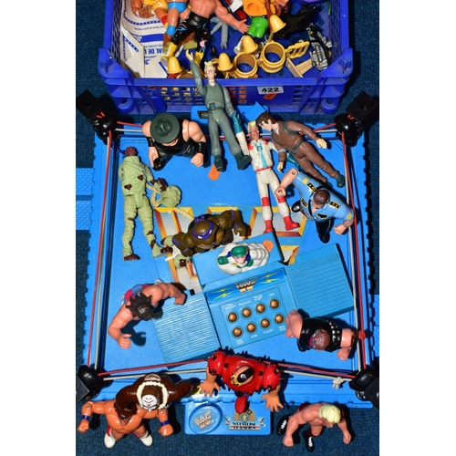 422 - A BOX OF 1980s AND 1990s ACTION FIGURES AND A WWF WRESTLING RING, to include twenty one assorted pla... 