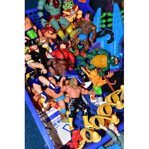 422 - A BOX OF 1980s AND 1990s ACTION FIGURES AND A WWF WRESTLING RING, to include twenty one assorted pla... 