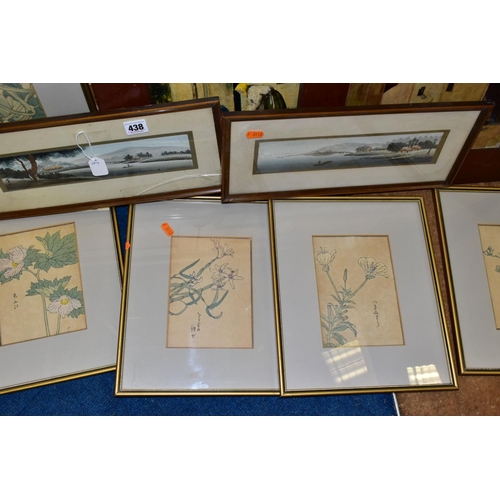 438 - NINE 20TH CENTURY PAINTINGS AND PRINTS, comprising two signed Chinese watercolours depicting river l... 