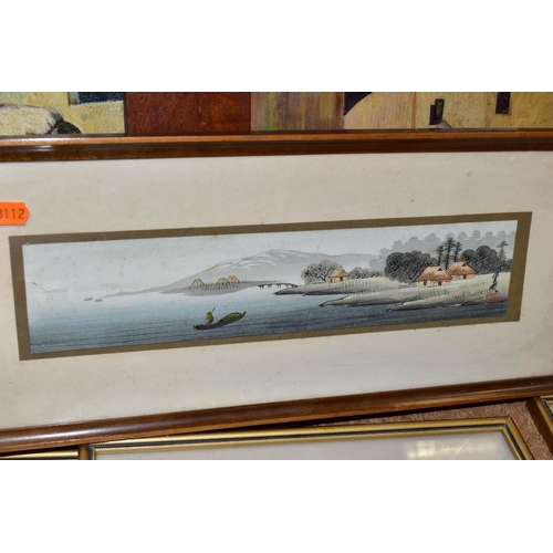 438 - NINE 20TH CENTURY PAINTINGS AND PRINTS, comprising two signed Chinese watercolours depicting river l... 