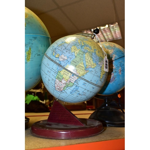 445 - TWO ILLUMINATED WORLD GLOBE LAMPS, together with a tin Chad Valley globe, wood grain effect to tin b... 