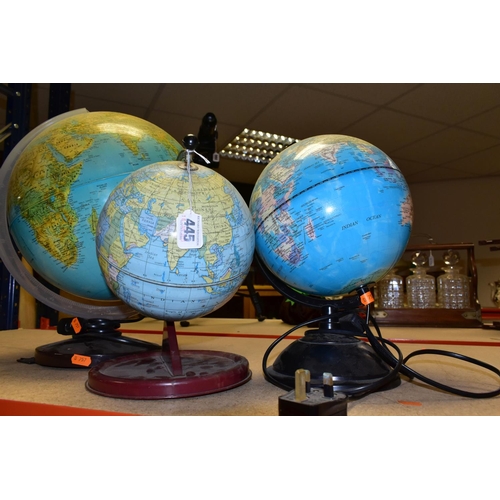 445 - TWO ILLUMINATED WORLD GLOBE LAMPS, together with a tin Chad Valley globe, wood grain effect to tin b... 