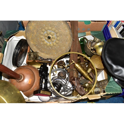 452 - THREE BOXES OF MISCELLANEOUS METALWARE AND SUNDRIES, to include medieval  purse bar frames,a Simplex... 