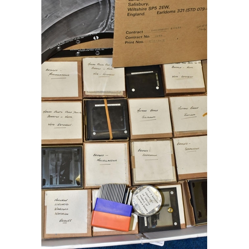 453 - TWO BOXES OF NEGATIVES, SLIDES AND PHOTOS OF AERIAL VIEWS OF TELFORD, SHREWSBURY AND OSWESTRY, AND 2... 