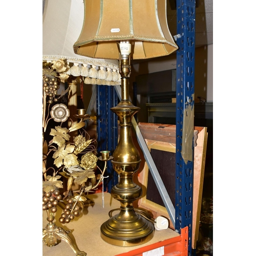 456 - A GROUP OF BRASS TABLE LAMPS, together with a French Provincial grape and wheat sheaf harvest motif ... 