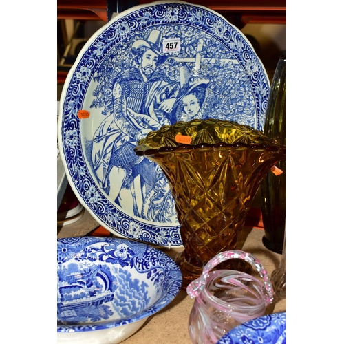 457 - A GROUP OF CERAMICS AND GLASS WARES, to include a M R L (Royal) Boch blue and white charger decorate... 