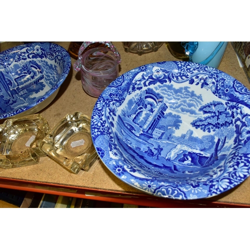 457 - A GROUP OF CERAMICS AND GLASS WARES, to include a M R L (Royal) Boch blue and white charger decorate... 